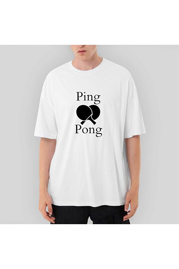 Ping Pong Racket Design Black Oversize White T-Shirt L