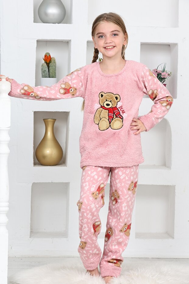 Welsoft Soft, Thick, Winter, Bear-Embellished, Applique Embroidered, Girls' Fleece Pajamas with Eye Mask Gift