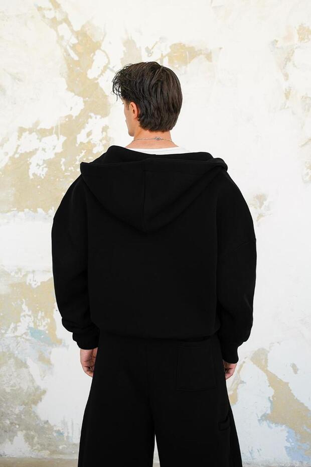 SİYAH Cozy Basic Tam Fermuar Oversize Sweatshirt - 5