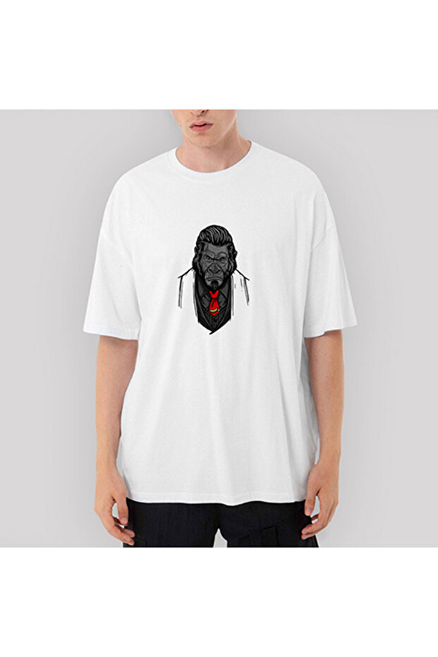 Gorilla Illustration Oversize White T-Shirt