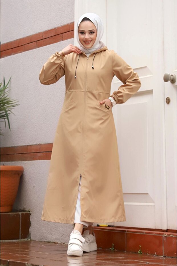 Zipper Detailed Trench Coat Long Top Coat with Front Pocket
