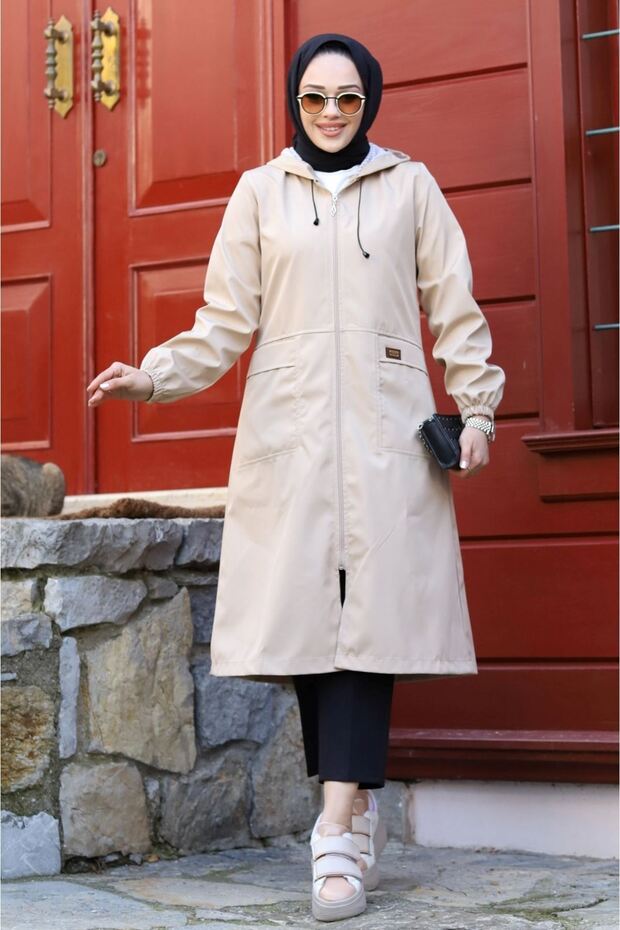 Hooded Pocket Inside Stripe Patterned Trench Coat