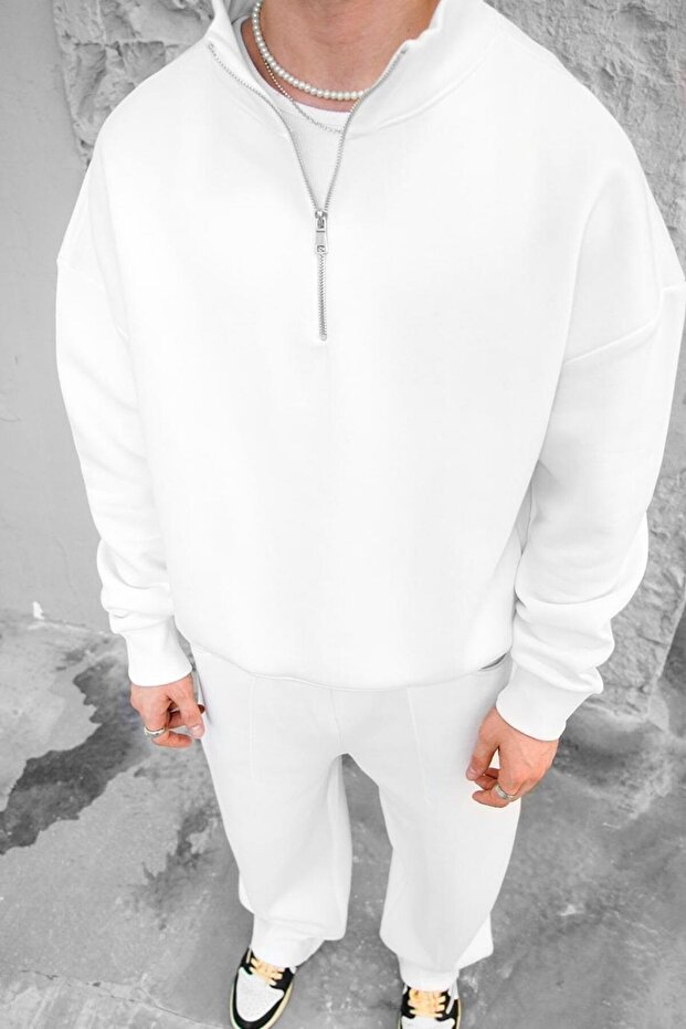 White Cozy Basic Half Zipper Oversize Sweatshirt - 1