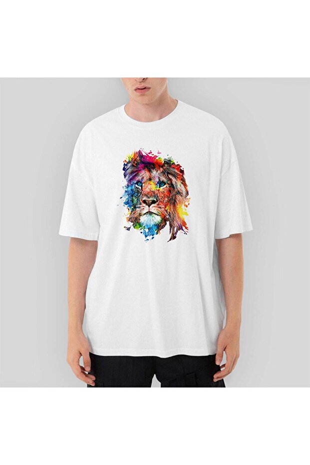 Λευκό μπλουζάκι Lion Rainbow oversized - 1
