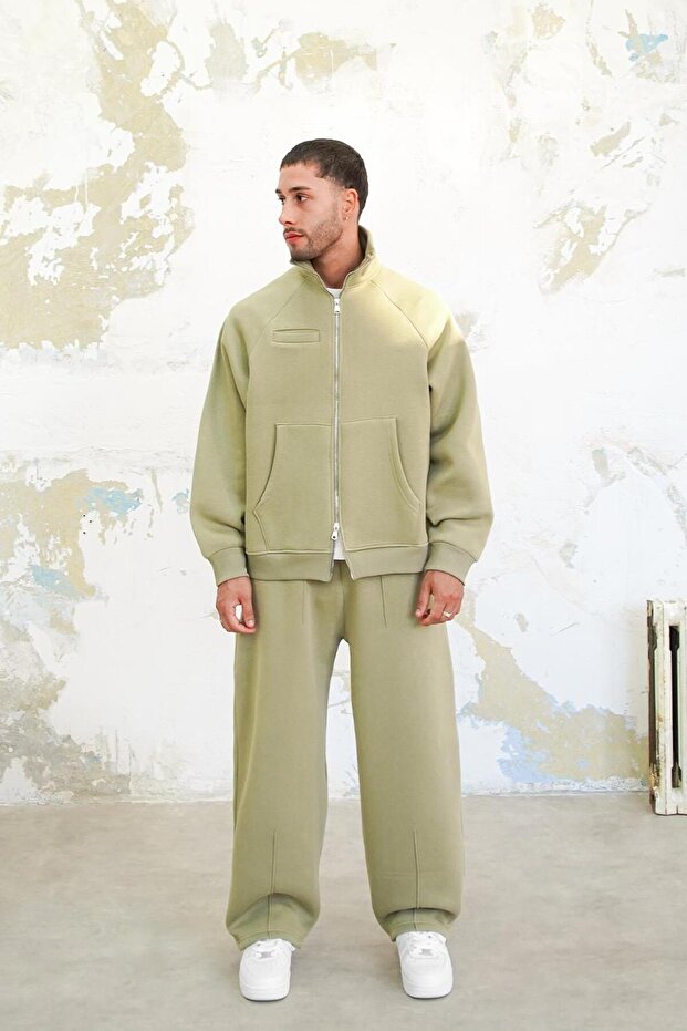 Soft Yeşil Cozy Basic Çift Fermuar Oversize Sweatshirt - 3