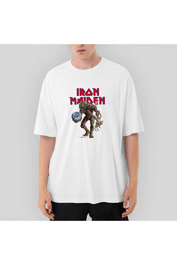 تي شيرت أبيض كبير الحجم لعازف الجيتار Iron Maiden Monster