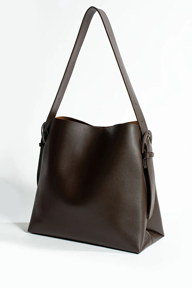 Women's Buckle Detailed Soft Leather Snap Fastener and Zippered Inner Compartment Shopper Bag