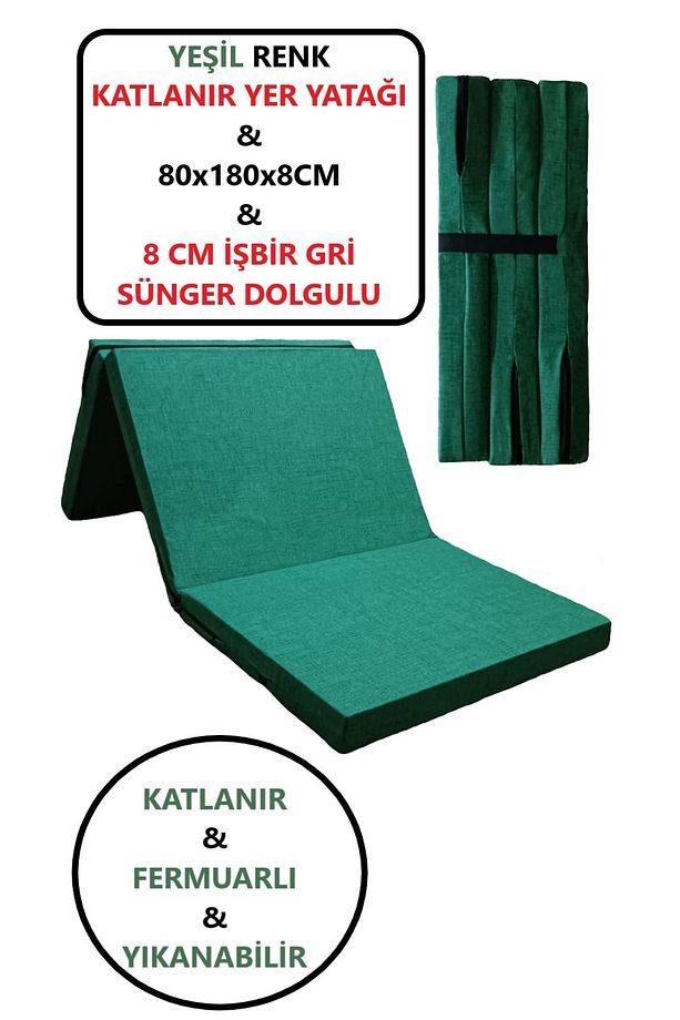 Katlanır Yer Yatağı Tek Kişilik Sünger Katlanır Yatak 80x180 Cm 8 Cm Gri Kalın Sünger YEŞİL - 1