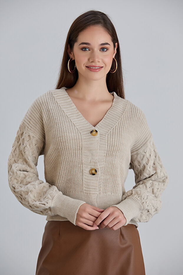 Women's Balloon Sleeve Knitted Patterned Crop Knitwear Stone Cardigan