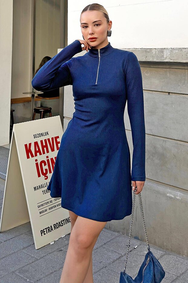Navy Blue Half Zipper Flared Skirt Women's Mini Dress