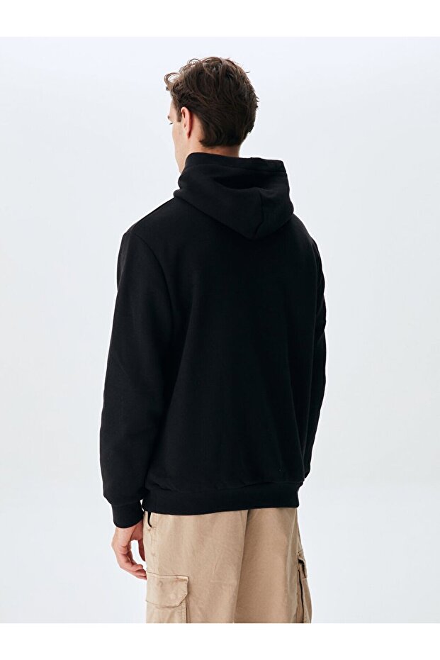 Logolu Kapüşonlu Siyah Sweatshırt - 4