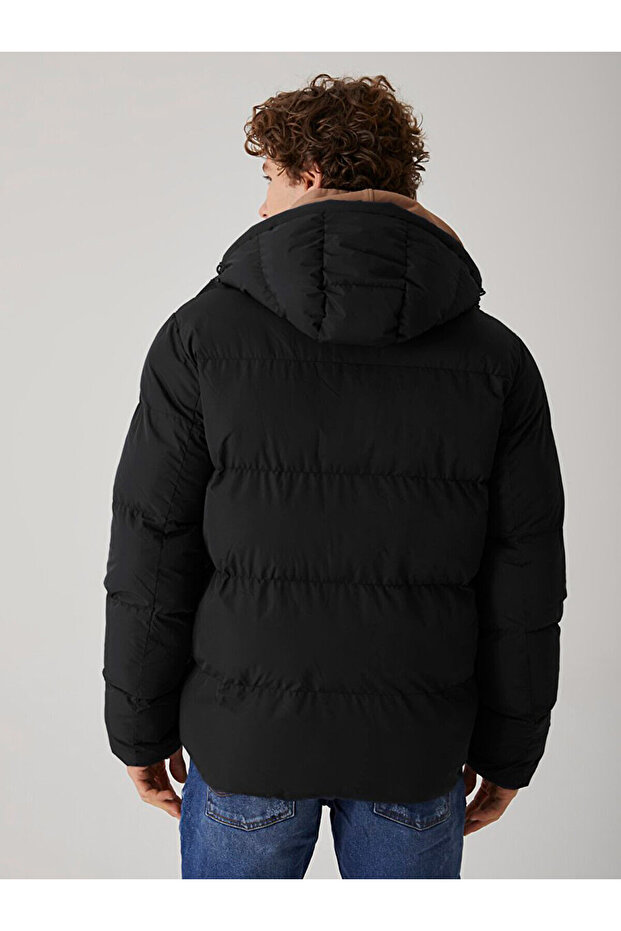 Kapüşonlu Şişme Kısa Siyah Mont - 3