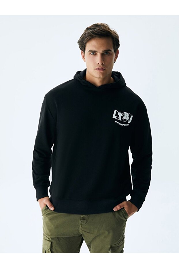 Logolu Kapüşonlu Siyah Sweatshırt - 2