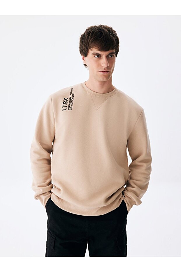 Sloganlı Bej Sweatshırt - 1