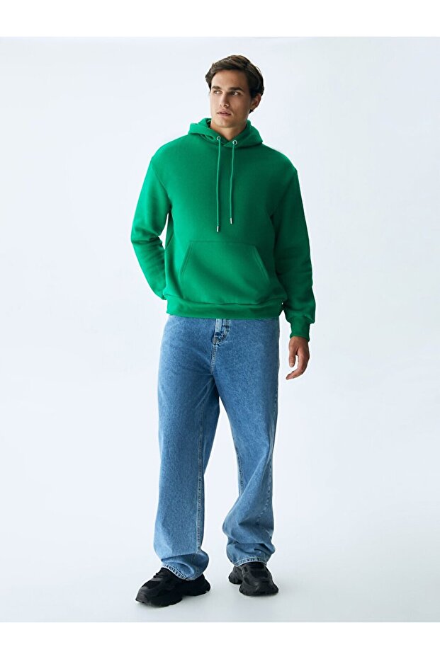 Basıc Kapüşonlu Yeşil Sweatshırt - 1