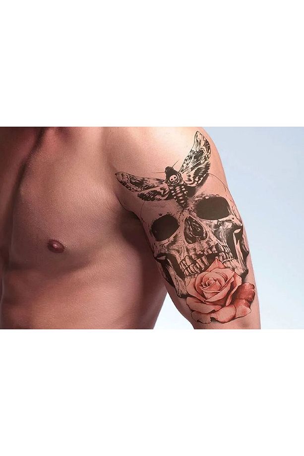 Gerçek Dövme Görünümlü Kelebek Gül Kuru Kafa Modelli 3 Boyutlu Tattoo, Geçici Dövme - 5