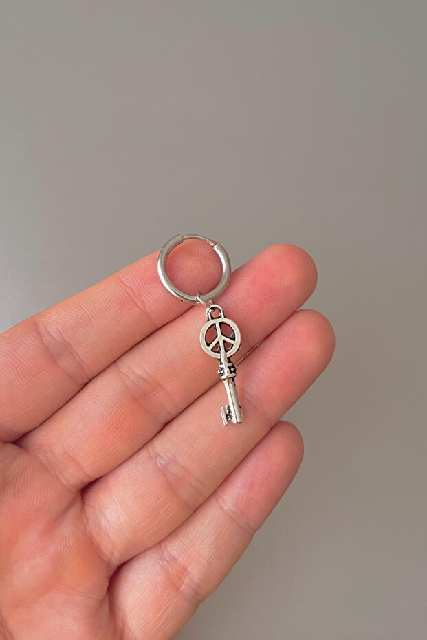 Unisex Silver Peace Key Figured Steel Hoop Earrings