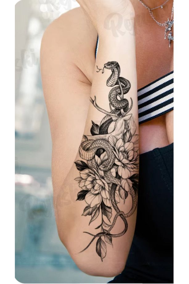 Gerçek Dövme Görünümlü Çiçek Yılan Modelli 3 Boyutlu Tattoo, Geçici Dövme - 1