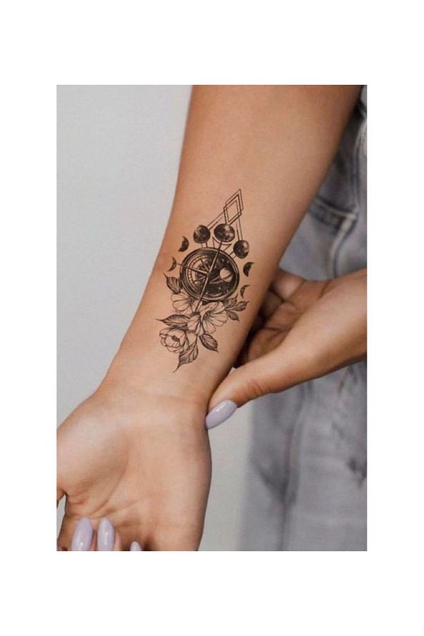 Gerçek Dövme Görünümlü Gül Pusula Modelli 3 Boyutlu Tattoo, Geçici Dövme - 6