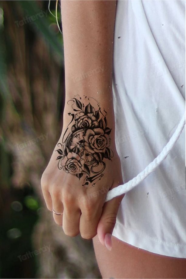 Gerçek Dövme Görünümlü Gül Pusula Modelli 3 Boyutlu Tattoo, Geçici Dövme - 1