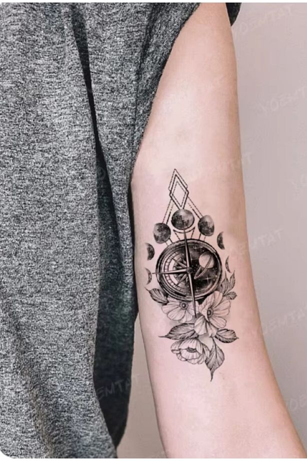 Gerçek Dövme Görünümlü Gül Pusula Modelli 3 Boyutlu Tattoo, Geçici Dövme - 4