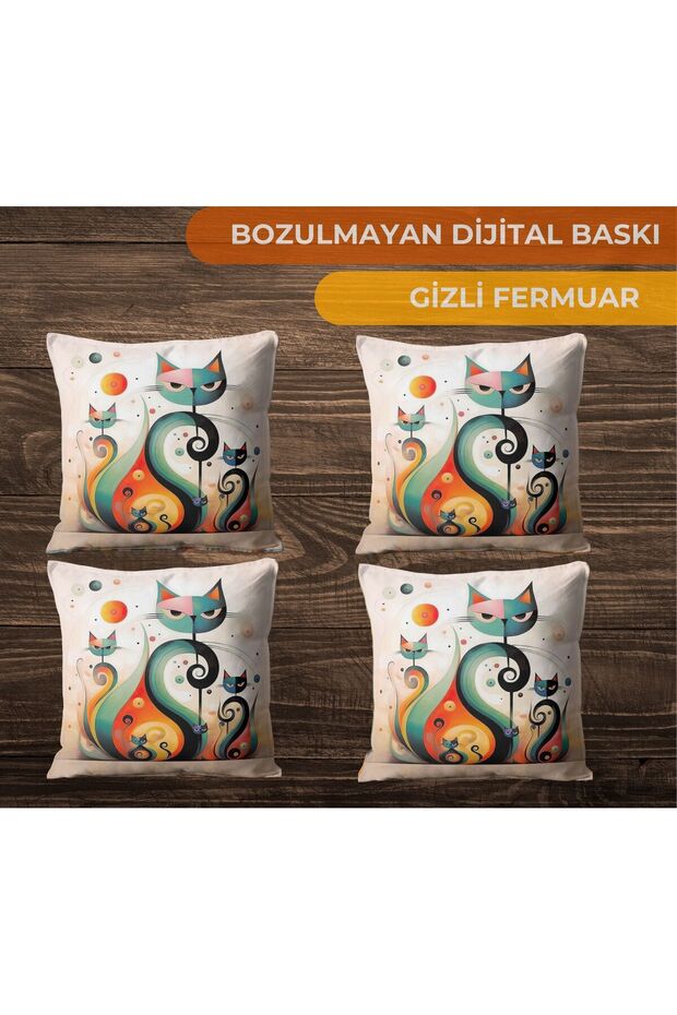 4-Piece Digital Printed Gift Sofa - Cat Patterned Pillow with Orange, White and Blue Drawings