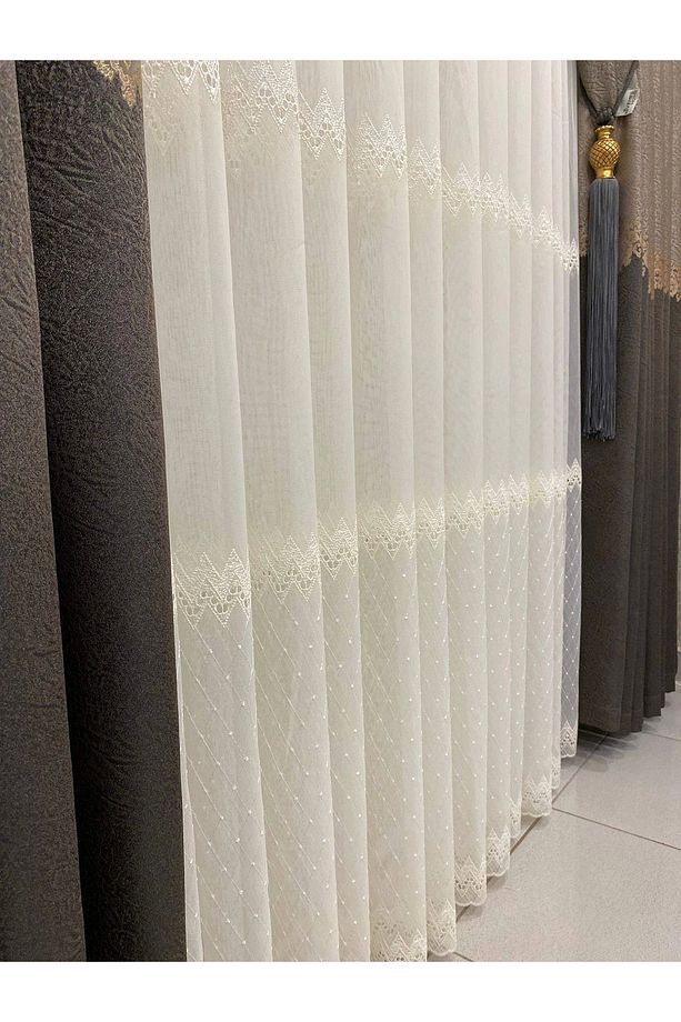 Nivemeshome Divina Zigzag Işlemeli Krem 1/3 Sık Pile Tül Perde Apm - 2