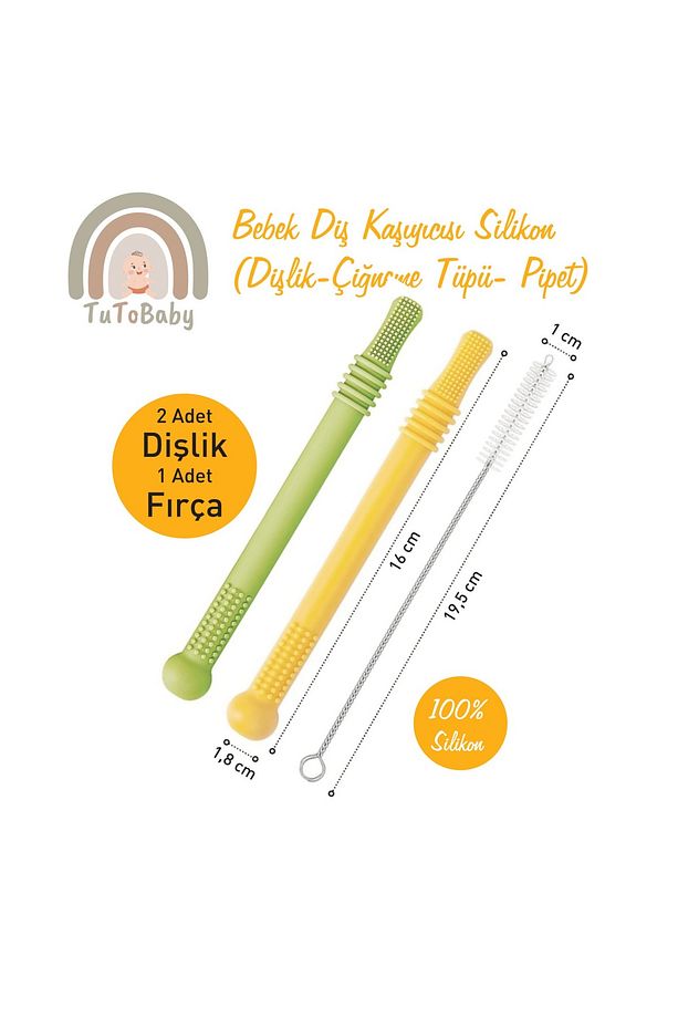 Bebek Diş Kaşıyıcısı Silikon  (Dişlik-Çiğneme Tüpü- Pipet) 2 Adet Dişlik 1 Adet Fırça - 8