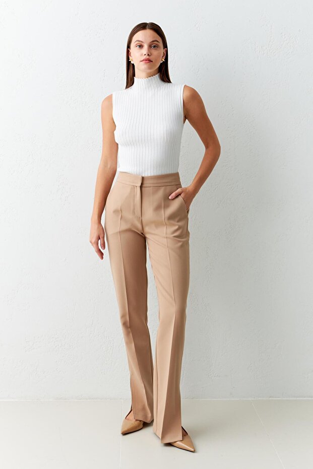 Beige Waist Detailed Pocket Full Fit Trousers