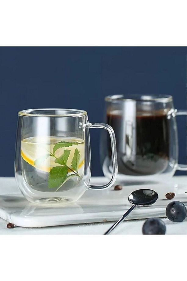 Çift Camlı Çift Cidarlı Cam Kupa 250 ml Ev Ofis Fincanı Çift Katlı Isı Yalıtımlı Kulplu Cam Bardak - 6