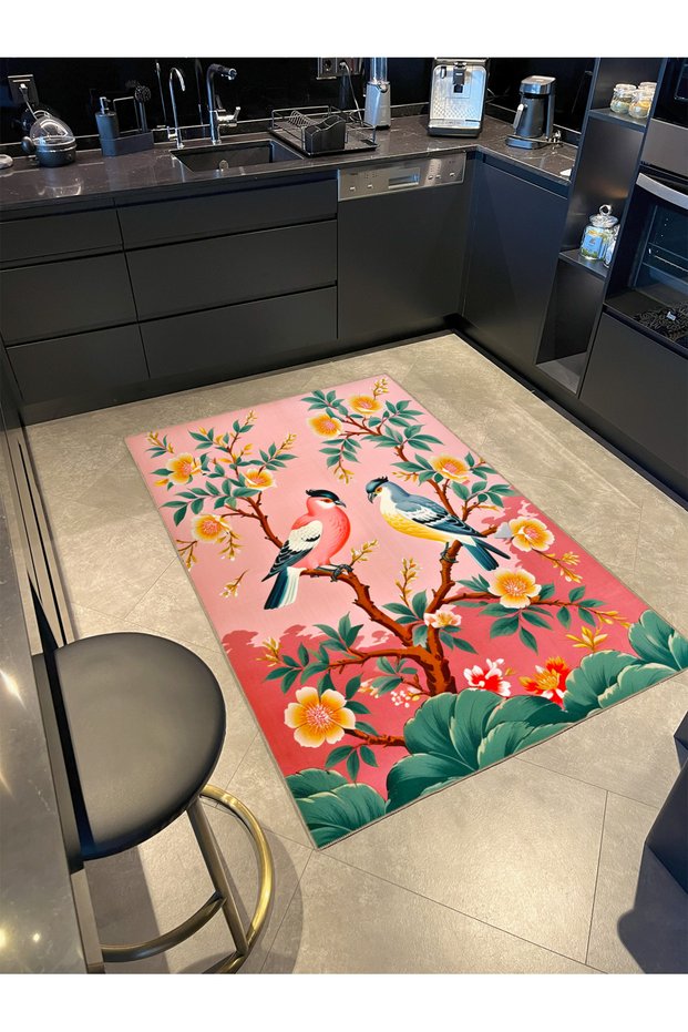 Paris Collection Pink Themed Modern Decorative Carpet with Floral Tree and Bird Pattern 114