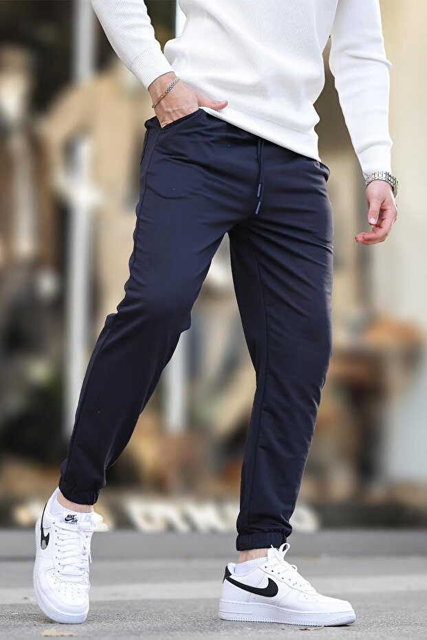 Navy Blue Men's Basic Pocket Elastic Leg Sweatpants 6547