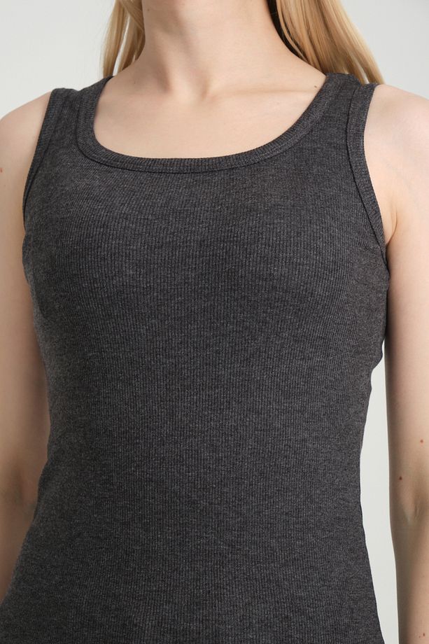 Fitted Vücuda Oturan Fitilli Kalın Askılı Basic Örme Atlet Gri - 4