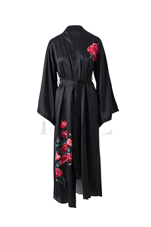 Floral Patterned Black Long Satin Asian Kimono