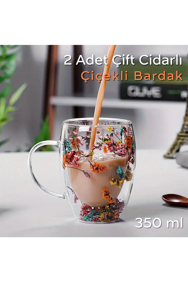 Isıya Dayanıklı Kulplu Çift Cidarlı Çiçekli Bardak | Kahve Bardağı - 2 Adet 350 ml - 1