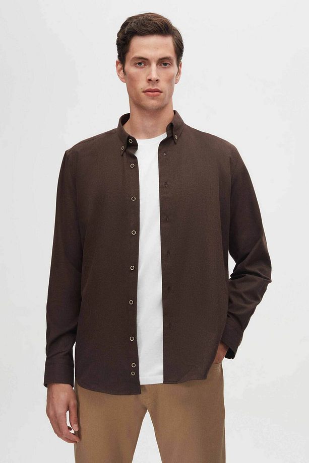 Regular Fit Koyu Kahve Düz Kışlık Flanel Gömlek - 2