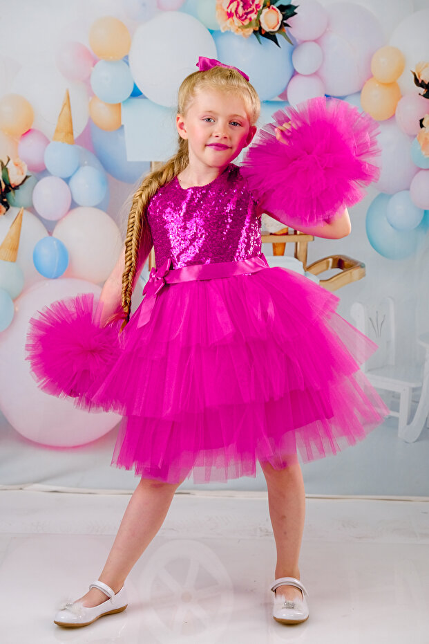 Buckle Pompom Sleeves Sequin Tulle Party and Birthday Dress