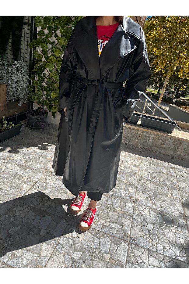 Siyah Deri Trençkot - 2