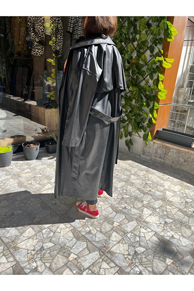 Siyah Deri Trençkot - 4