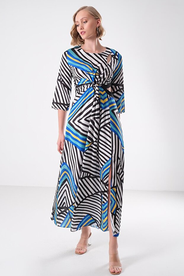 Desenli Saten Elbise - 1