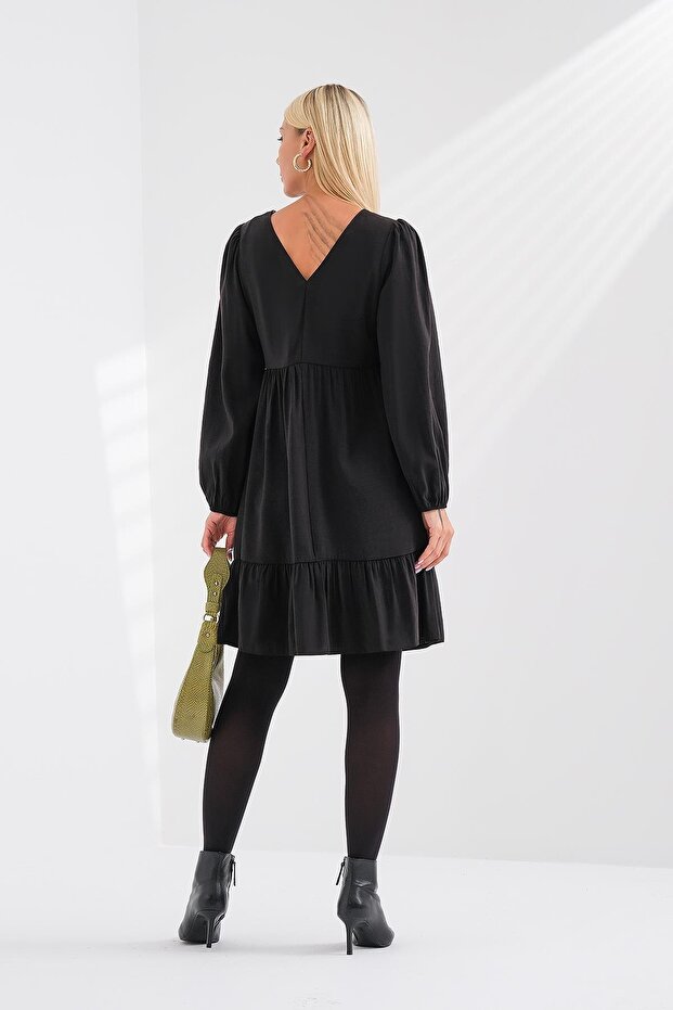 V Yaka Kabarık Kollu Elbise - 3