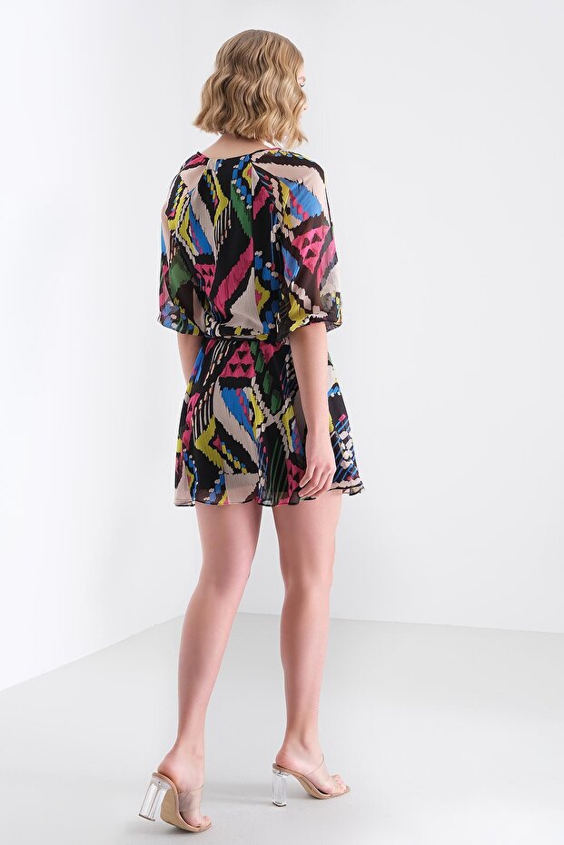 Desenli Kruvaze Mini Elbise - 3
