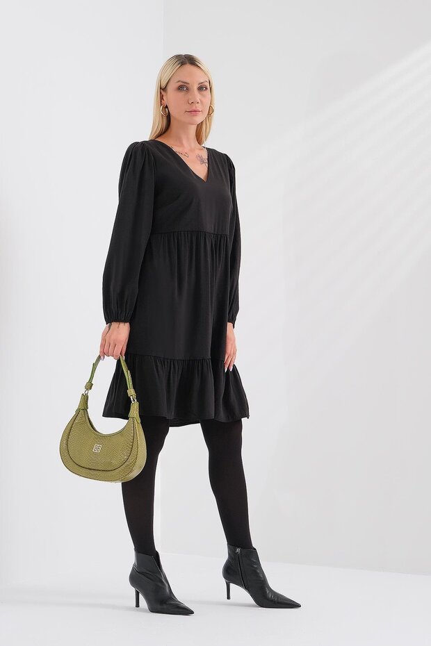 V Yaka Kabarık Kollu Elbise - 1