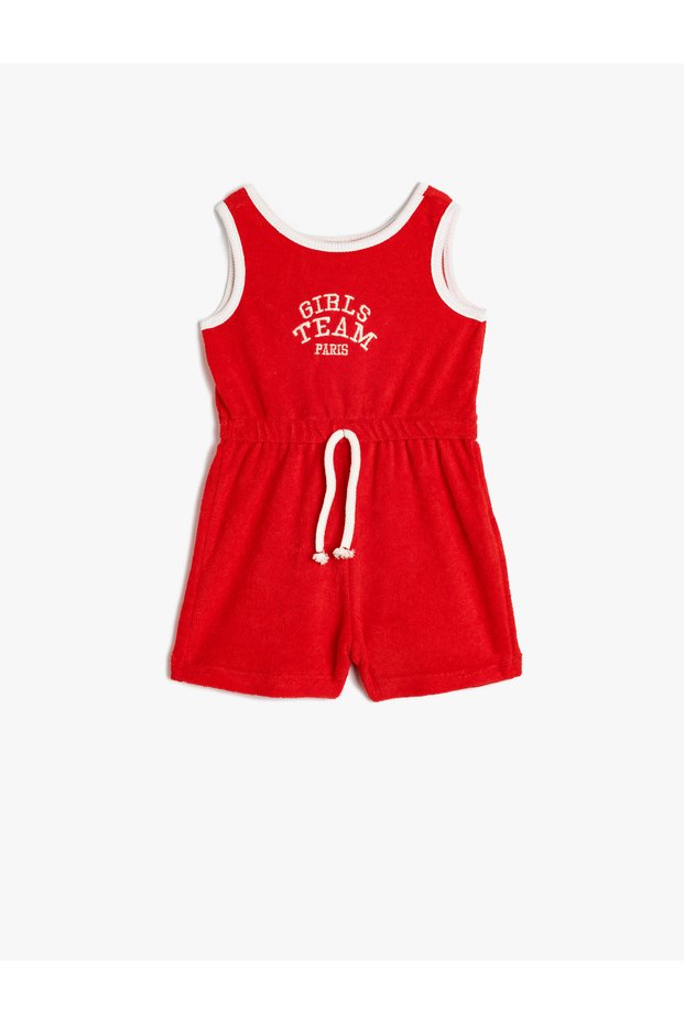 Slogan Printed Jumpsuit Crew Neck Sleeveless Lace-Up Waist Cotton Blended