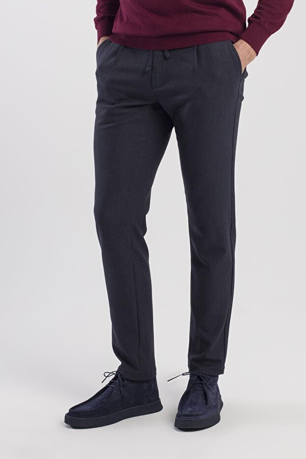 Navy Blue Comfort Fit Elastic Waist Side Pocket Trousers