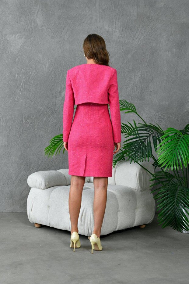 Bolerolu Elbiseli Kadın Takım Elbise Fuşya - 4