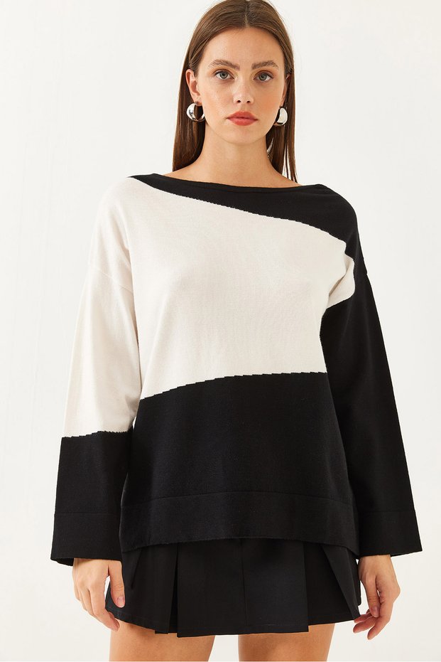 Women's Black Double Color Boat Neck Knitwear Sweater Tk231148 60251904