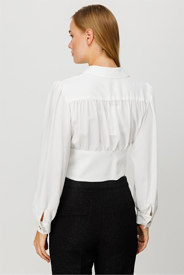 Modailgi Pileli Crop Bluz Ekru - 8