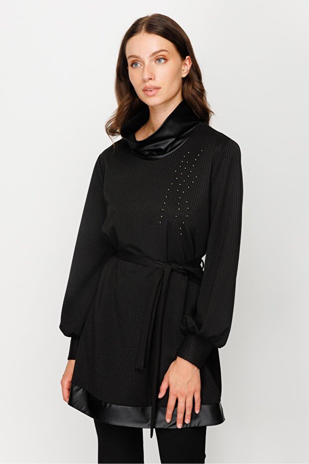 Modailgi Deri Garnili Örme Tunik Siyah - 4