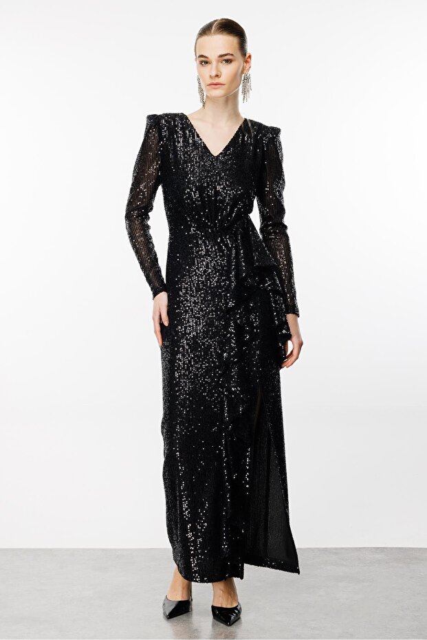 Modailgi Volanlı Payet Elbise Siyah - 5